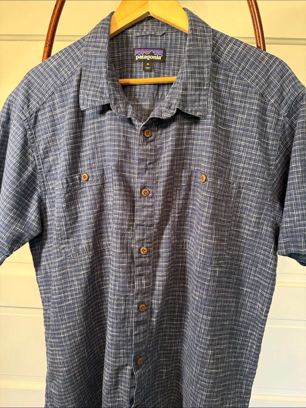 Patagonia Hemp Cotton Blue Camp Shirt Men’s Short Sleeve Coastal Outdoor